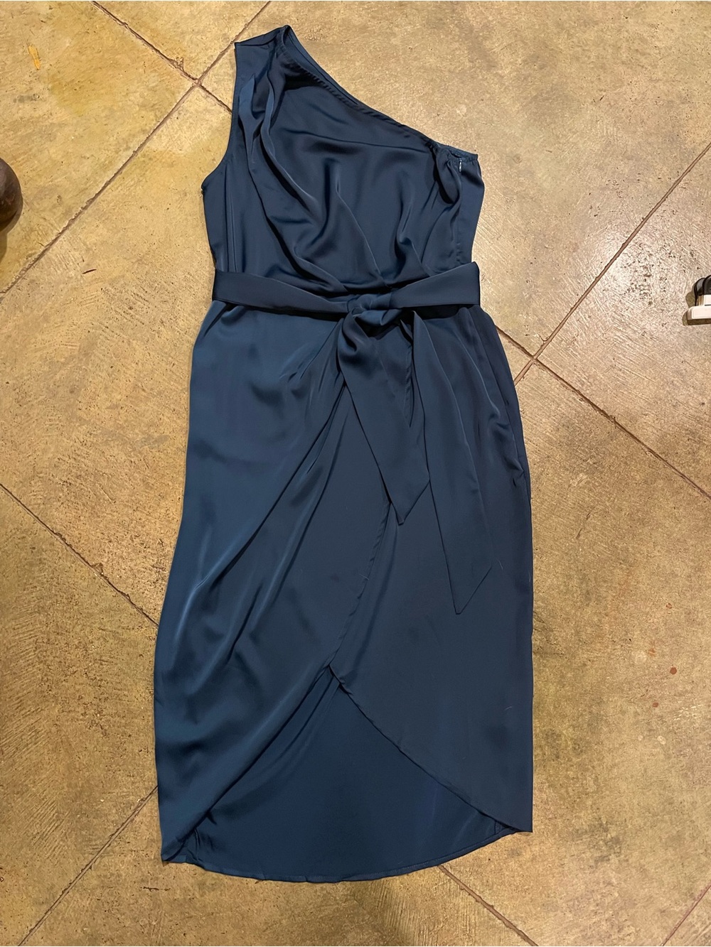 Asymmetrical One-Shoulder Navy Wrap Dress with Waist Tie